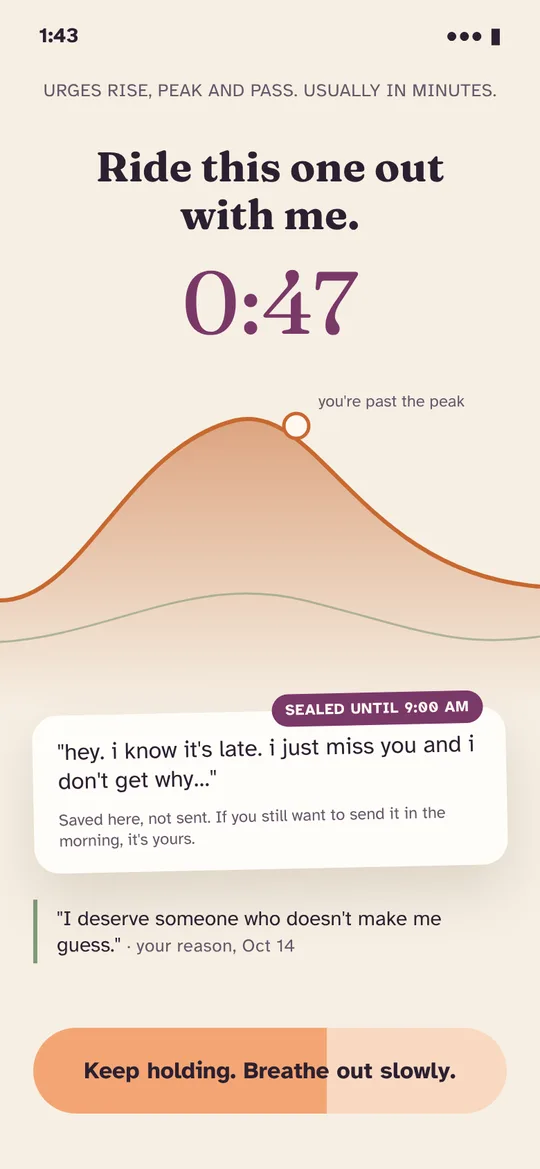 Ride the wave screen: a 90-second timer, an amber wave past its peak, and a message sealed until 9:00 AM